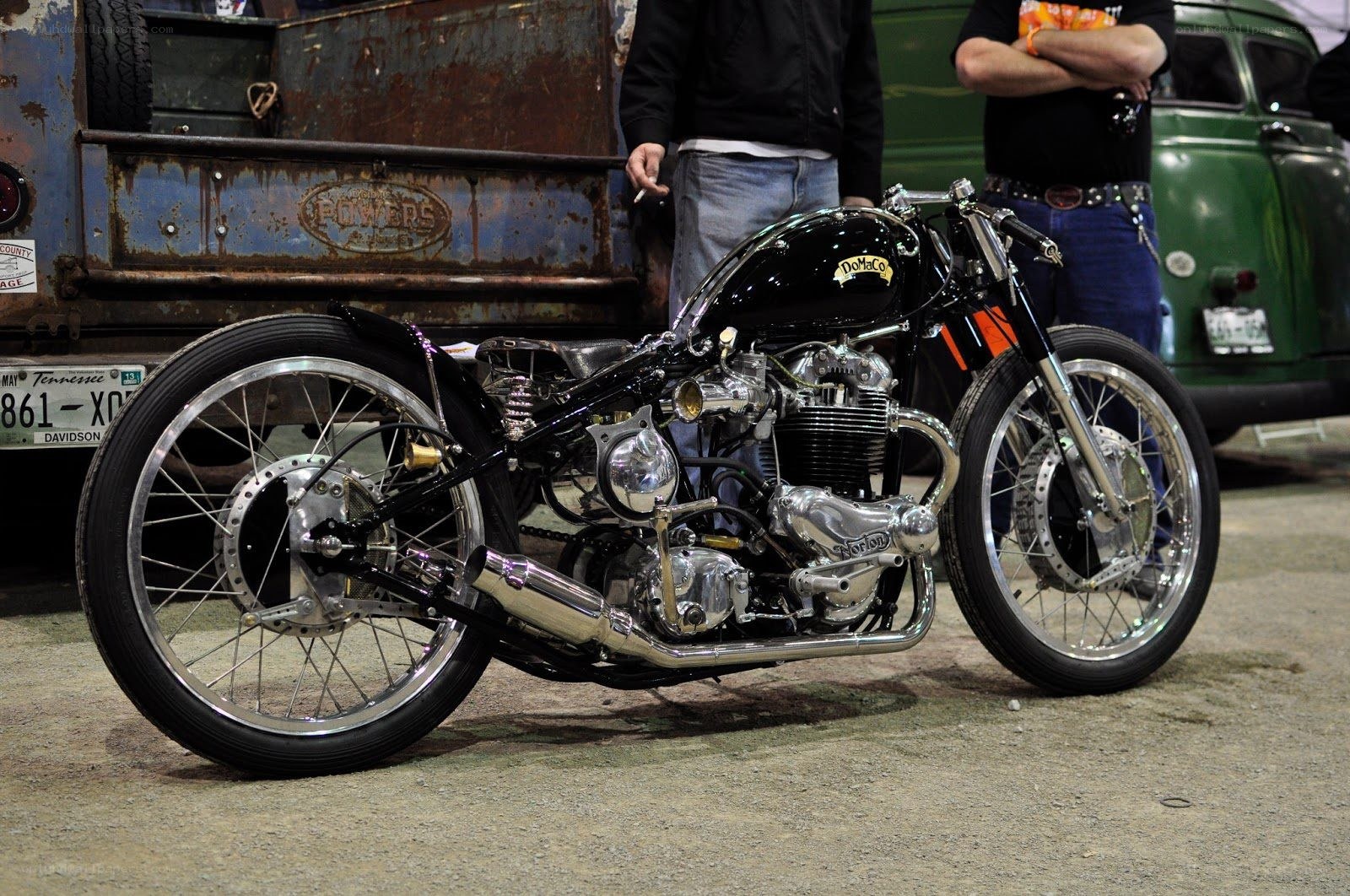 Custom black motorcycle on display