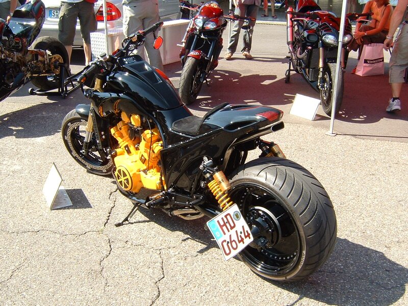 Custom Black Motorcycle — Outdoor, Afternoon, Photograph, People, Car