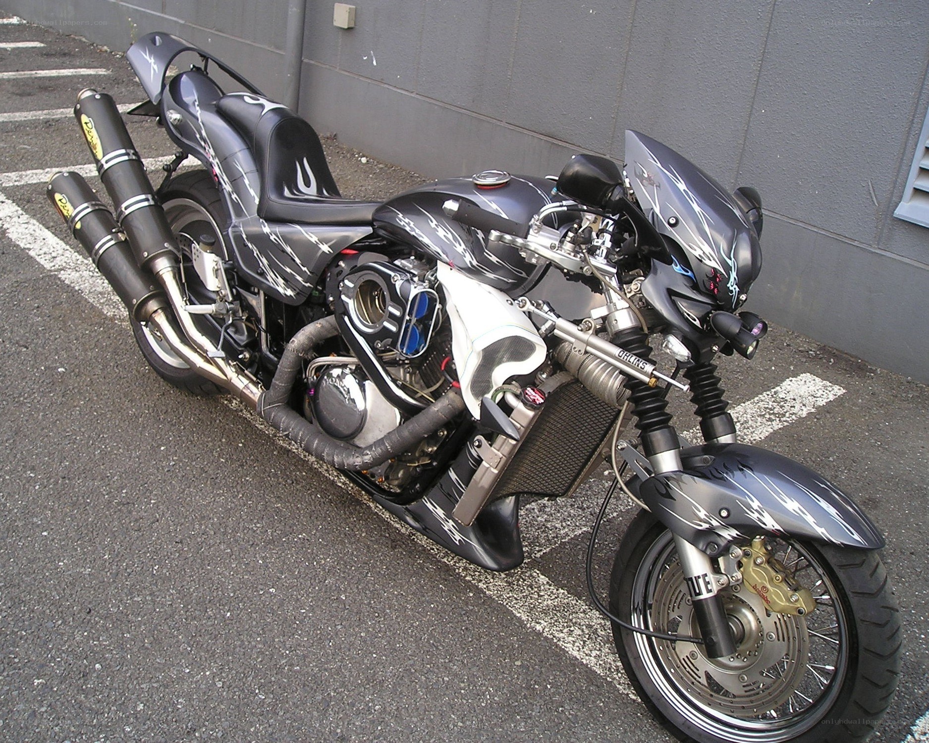 custom black motorcycle with flame decals