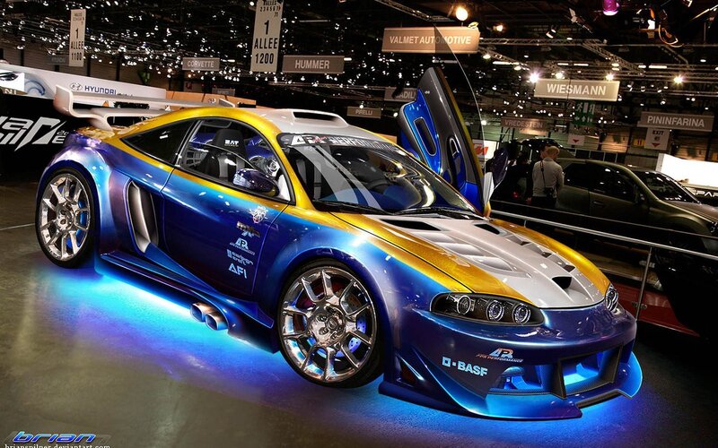 custom blue and yellow sports car