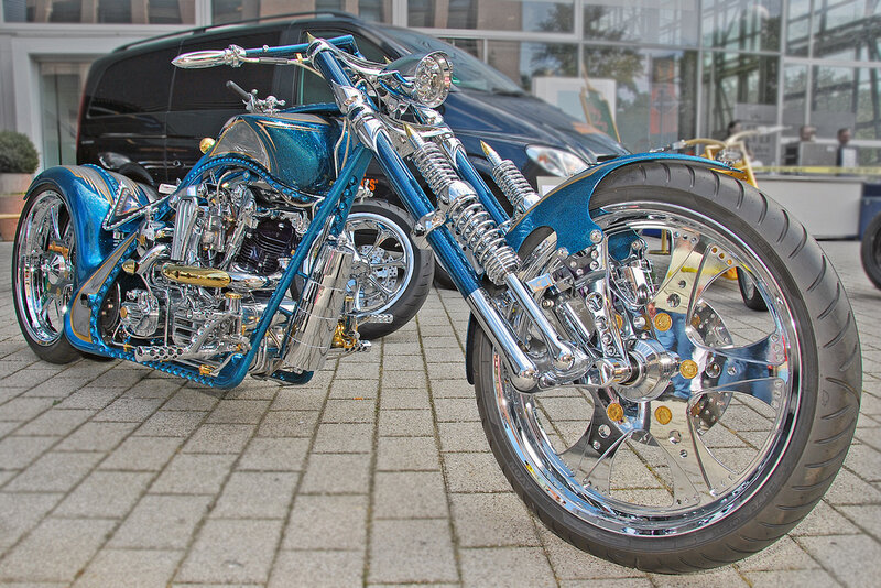 custom blue chopper motorcycle