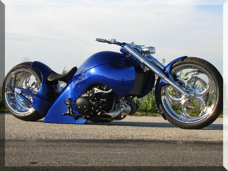 Custom Blue Chopper Motorcycle — Calm, Afternoon, Photograph, Road