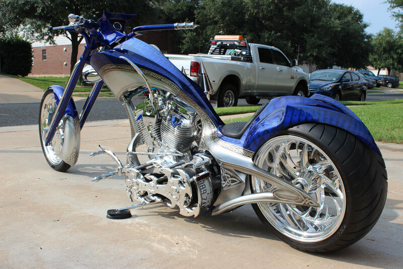 Custom Blue Chopper Motorcycle — Calm, Afternoon, Photograph, Truck