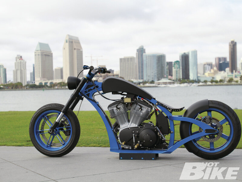 Custom Blue Chopper Motorcycle — Calm, Afternoon