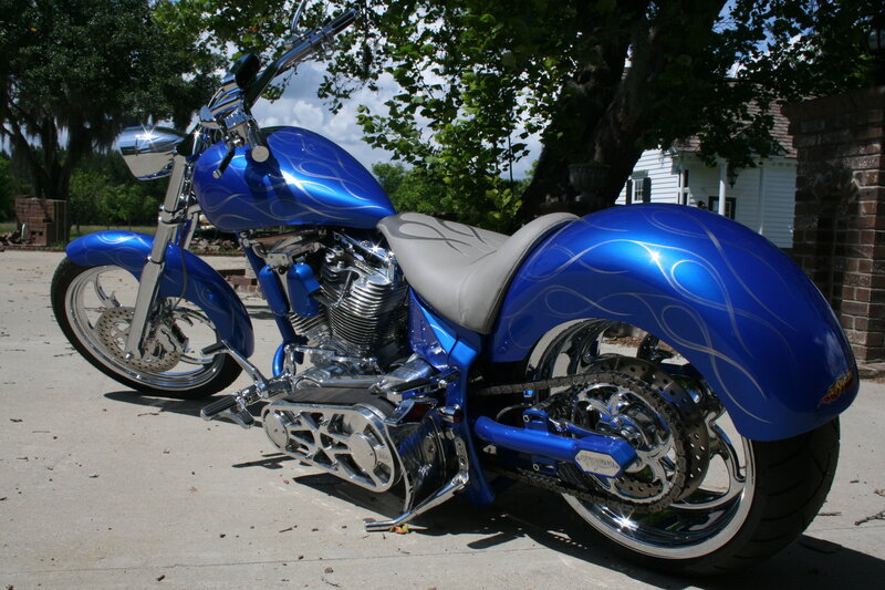 Custom Blue Chopper Motorcycle — Calm