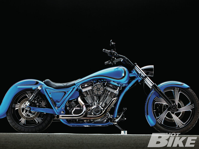 Custom Blue Chopper Motorcycle — Dramatic, Photograph