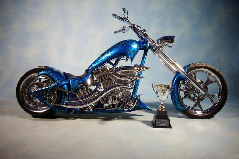 Custom Blue Chopper Motorcycle — Dramatic, Photograph, Trophy, Chrome Engine