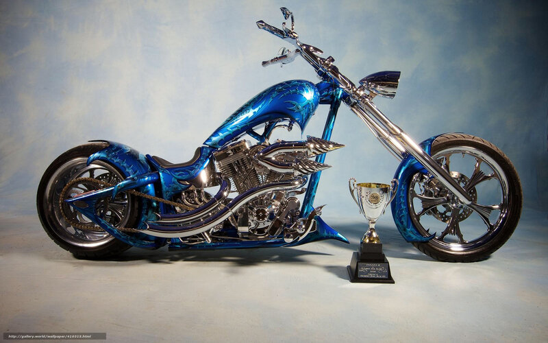Custom Blue Chopper Motorcycle — Dramatic, Photograph, Trophy, Studio Background