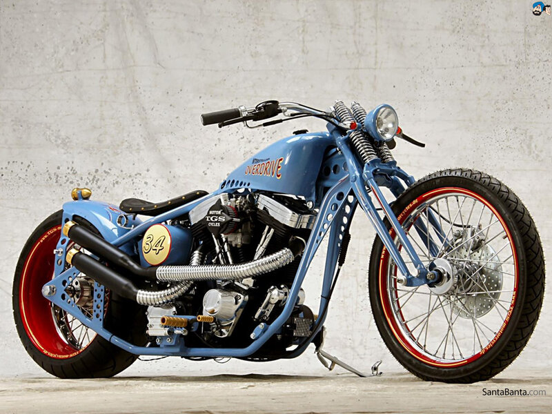 Custom Blue Chopper Motorcycle — Neutral, Photograph, Concrete Wall
