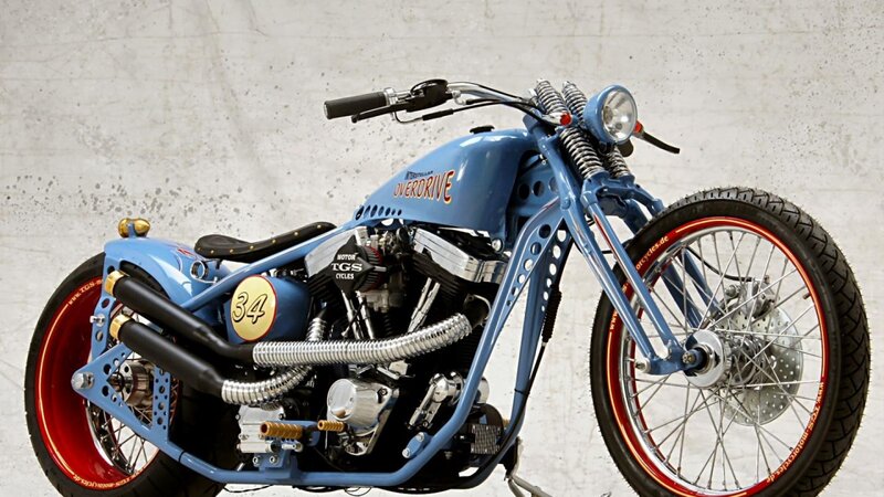 Custom Blue Chopper Motorcycle — Neutral, Photograph, Engine, Spoked Wheels