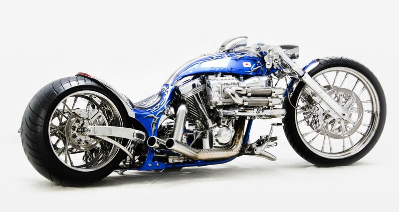 Custom Blue Chopper Motorcycle — Neutral, Photograph, Engine