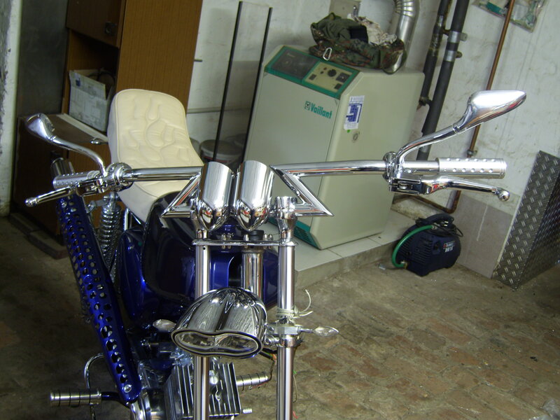 Custom Blue Chopper Motorcycle — Neutral, Photograph, Seat