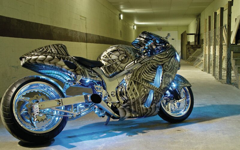 custom blue chrome motorcycle