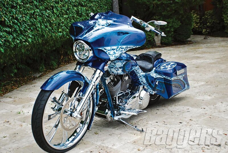 Custom Blue Motorcycle — Calm, Afternoon, Photograph, Hedge