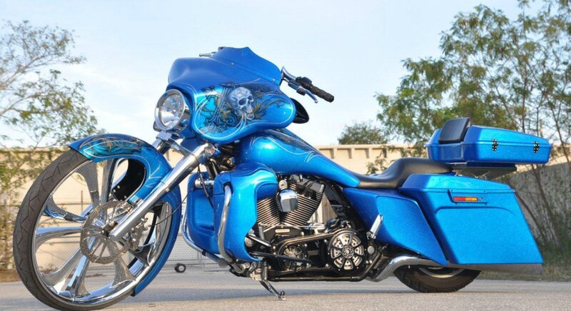 Custom Blue Motorcycle — Calm, Afternoon, Photograph, Skull Design