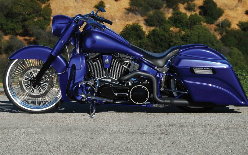 Custom Blue Motorcycle — Calm, Afternoon, Photograph, Trees