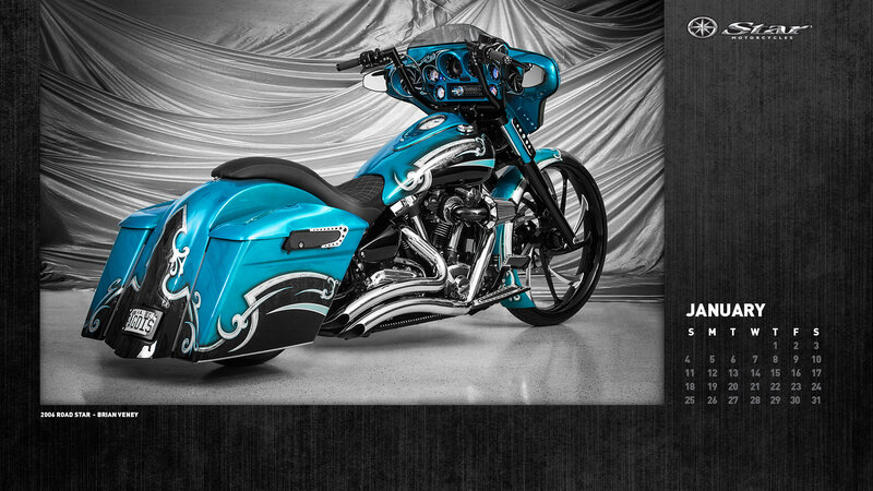 Custom Blue Motorcycle — Dramatic, Photograph, Calendar