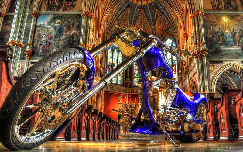 Custom Blue Motorcycle — Dramatic, Photograph, Church Interior