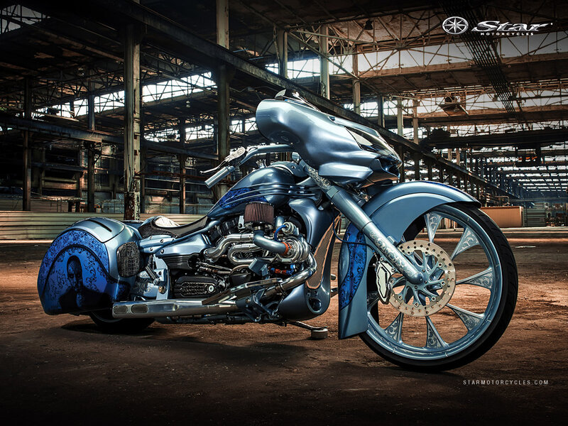 Custom Blue Motorcycle — Dramatic, Photograph, Warehouse