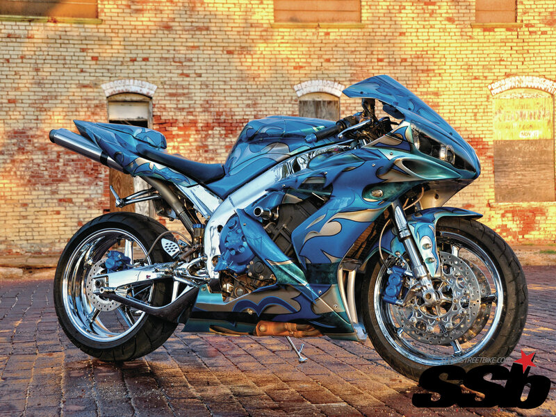 Custom Blue Motorcycle — Dramatic, Sunset