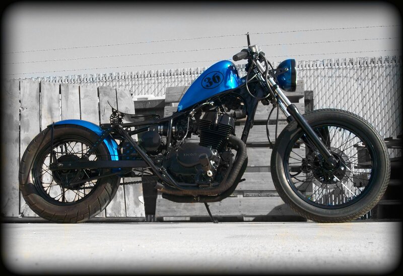 Custom Blue Motorcycle — Industrial, Afternoon