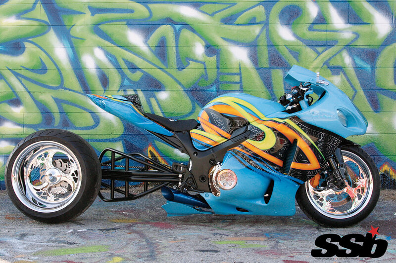 Custom Blue Motorcycle — Urban, Photograph, Graffiti Wall