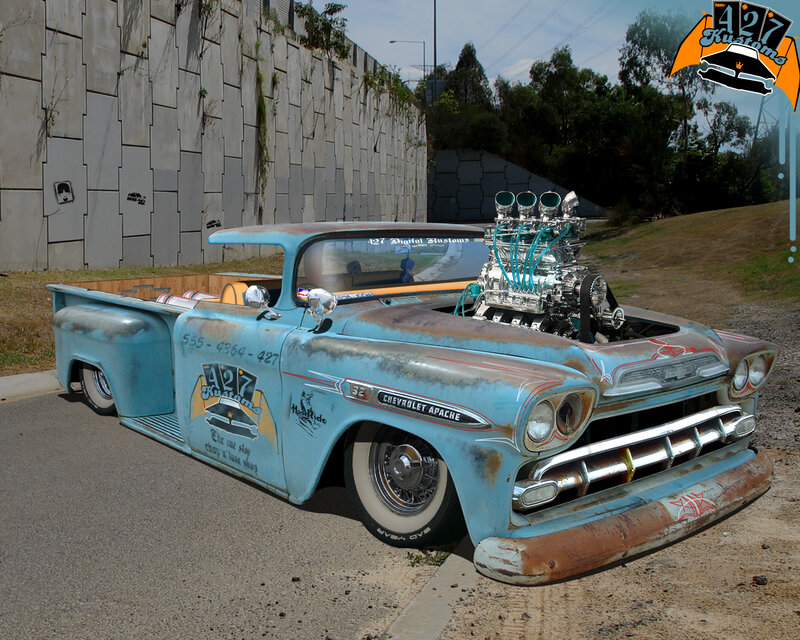 Custom Blue Pickup Truck — Dramatic, Afternoon