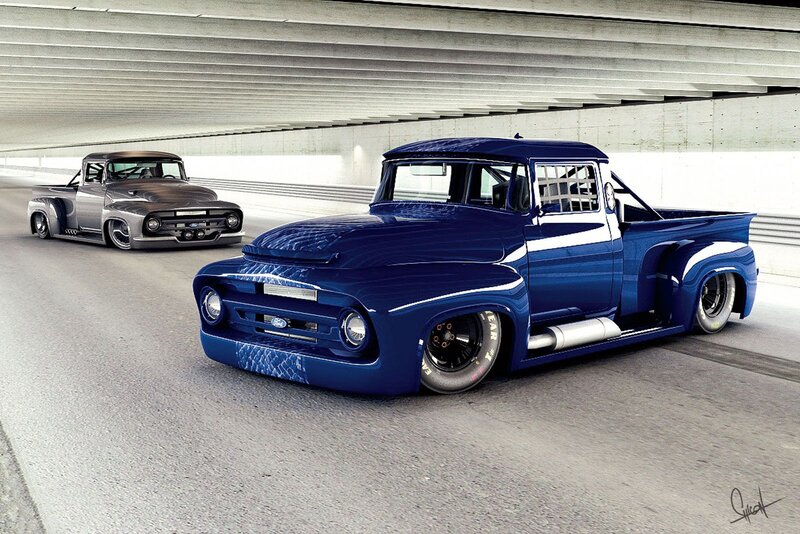 Custom Blue Pickup Truck — Dramatic, Digital Art