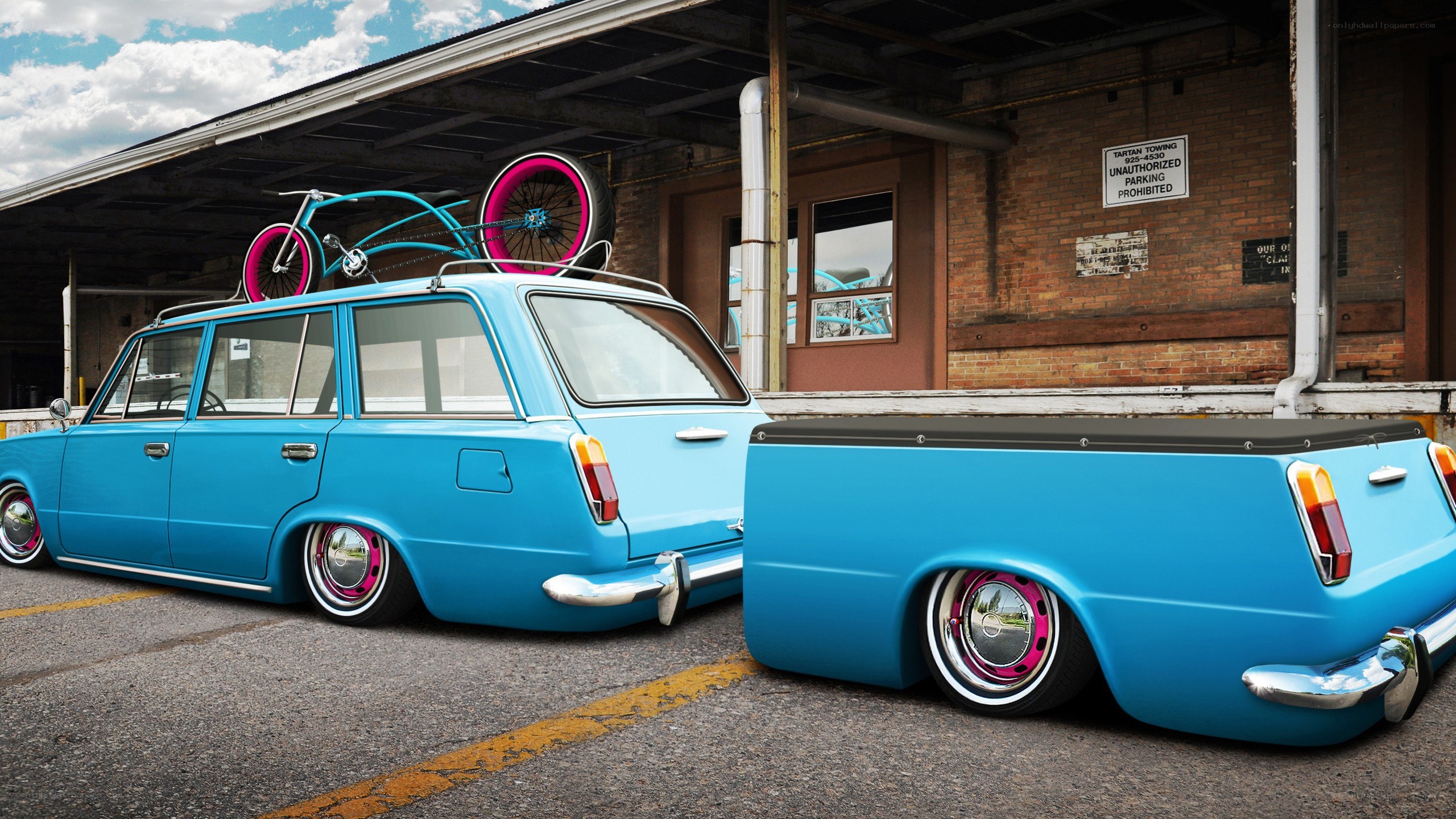 Custom blue station wagon with bike