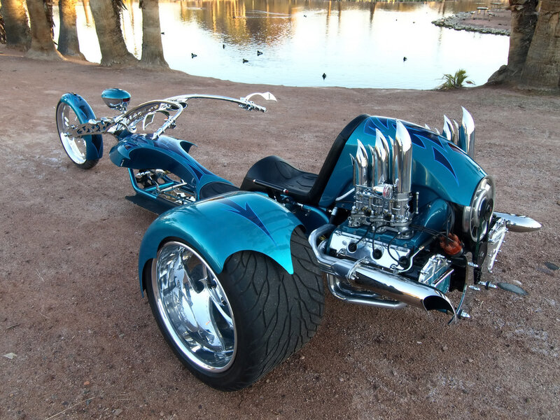 Custom blue trike by a lake