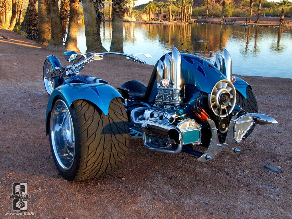 custom blue trike by lake