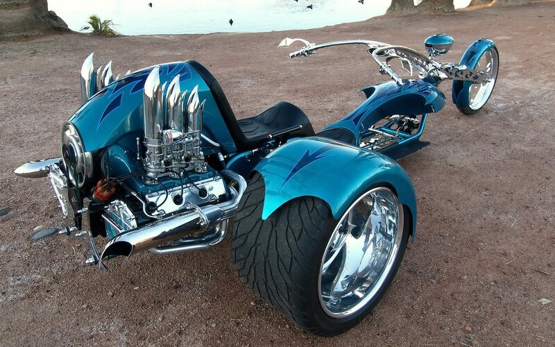 Custom Blue Trike Motorcycle — Calm, Afternoon