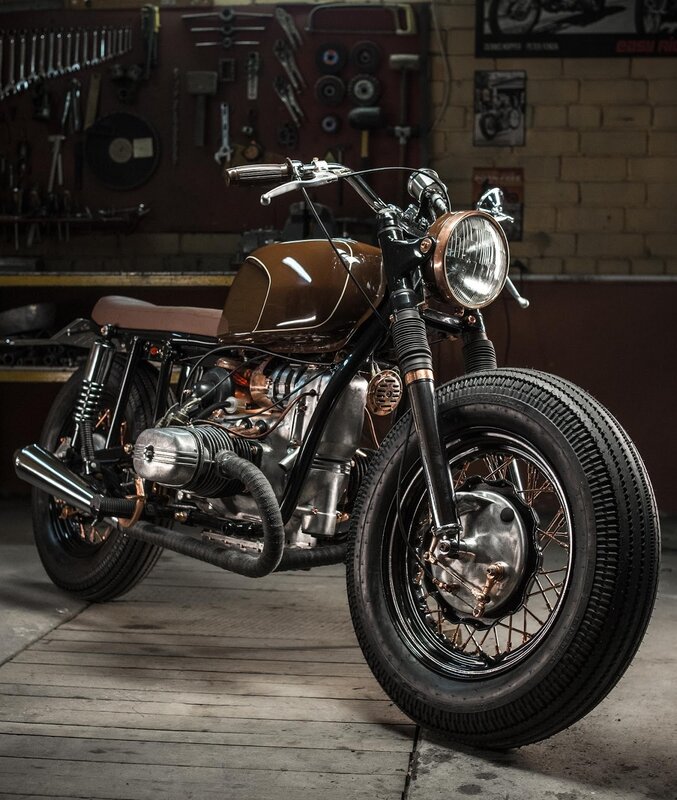 custom brown motorcycle in workshop