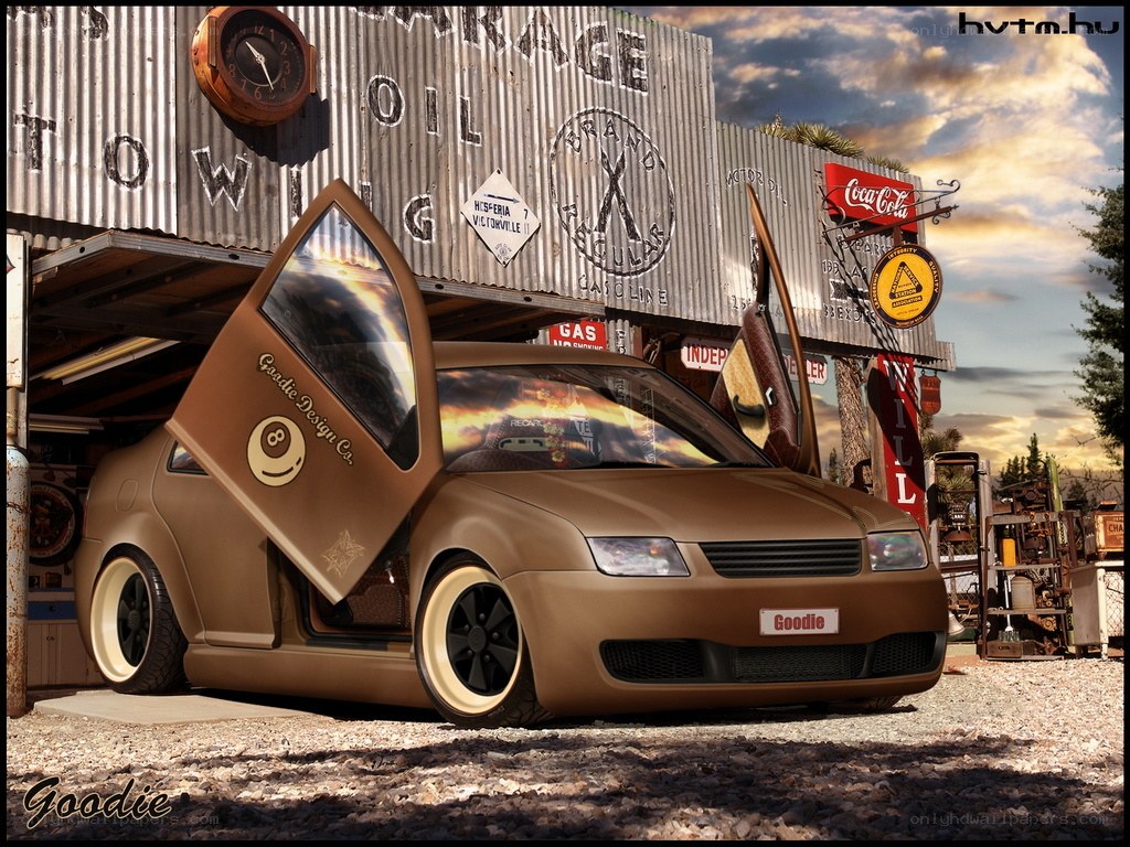 Custom car at a retro gas station