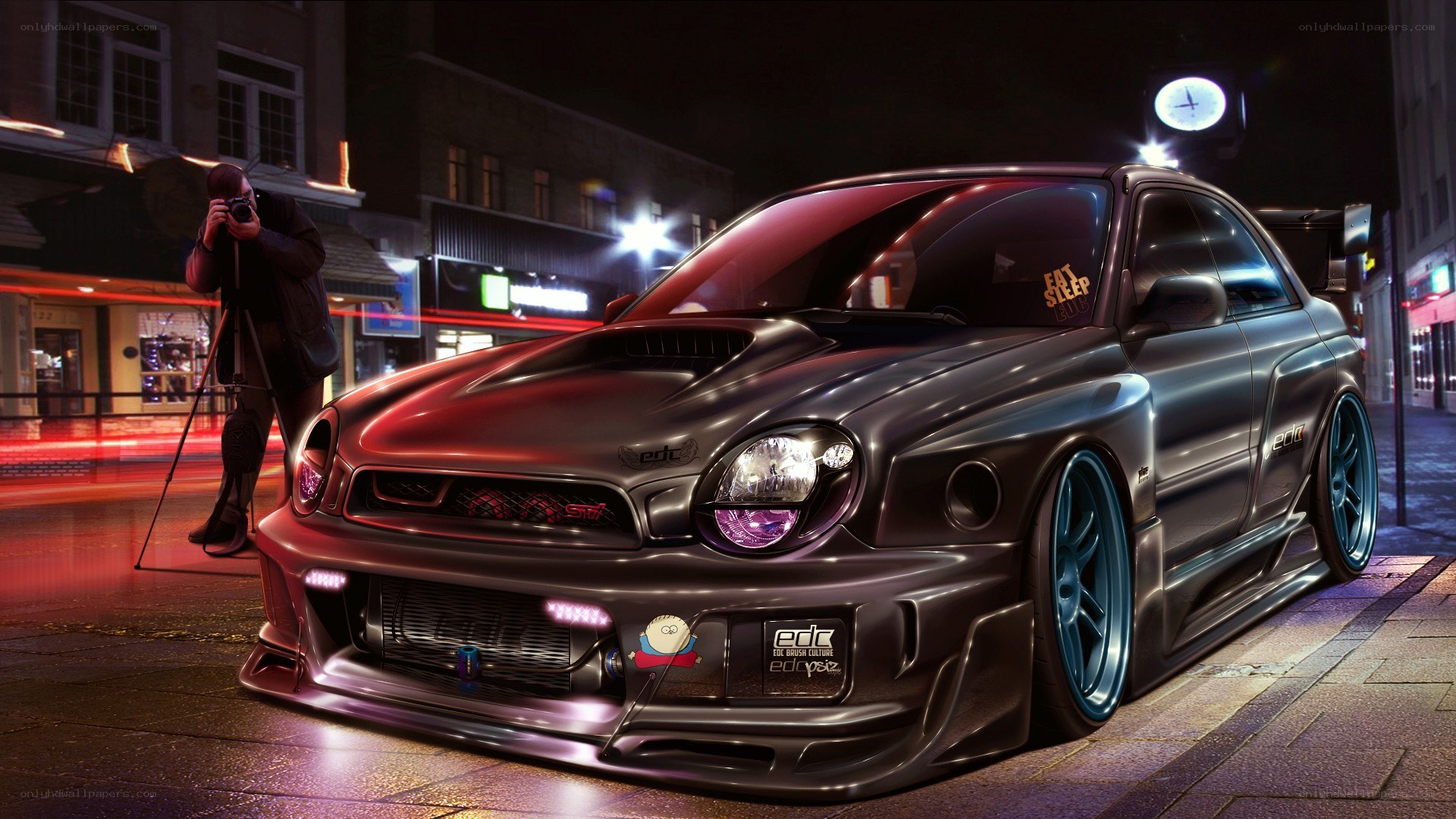 Custom car at night with photographer