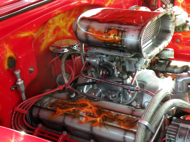 Custom Car Engine — Red, Dramatic