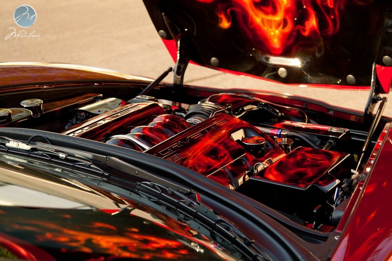 Custom car engine with flame design