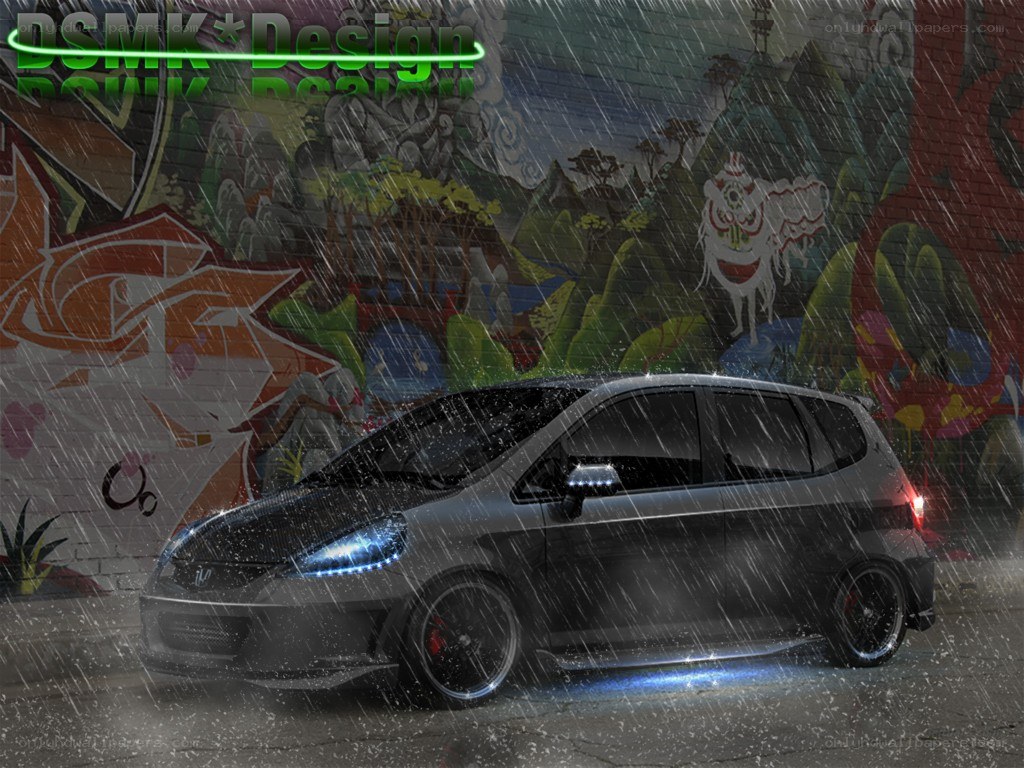 Custom car in rainy city