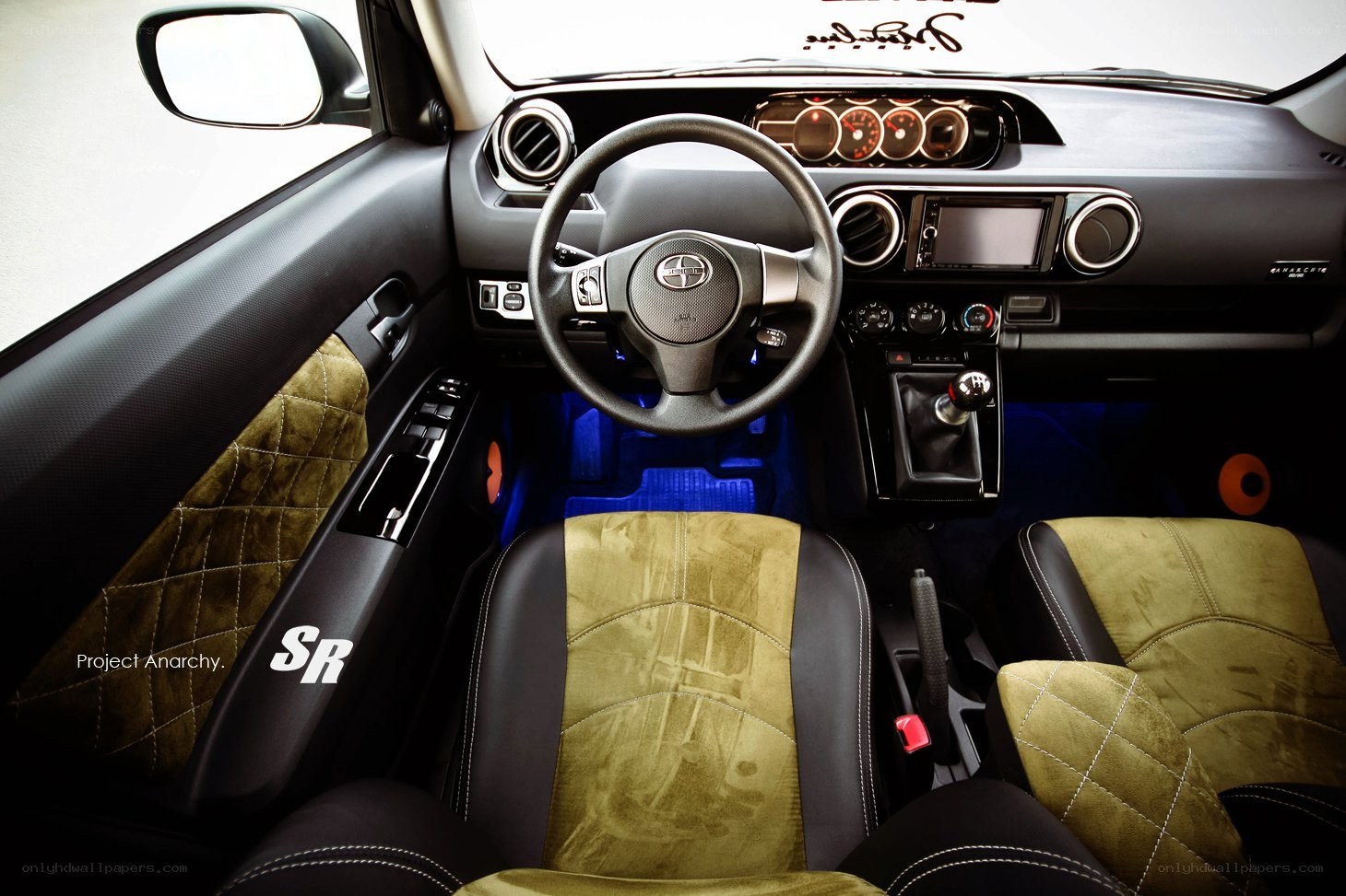 Custom car interior with green seats