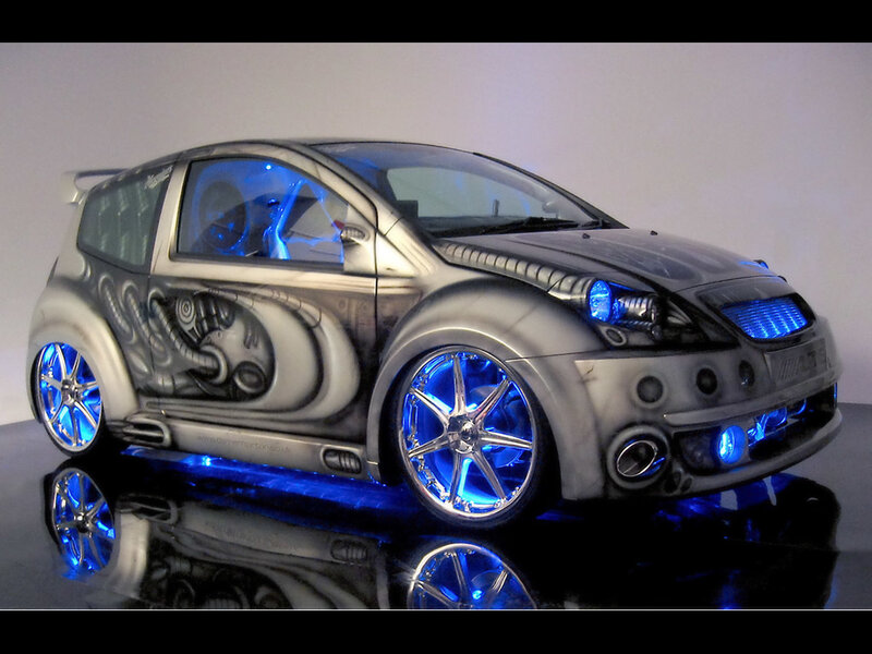 custom car with blue lighting