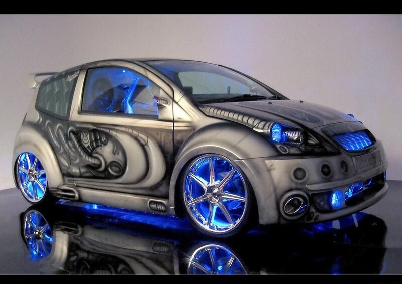 custom car with blue lights