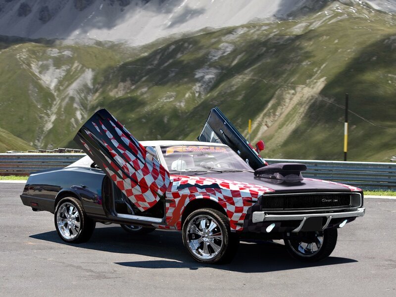 custom car with checkered doors