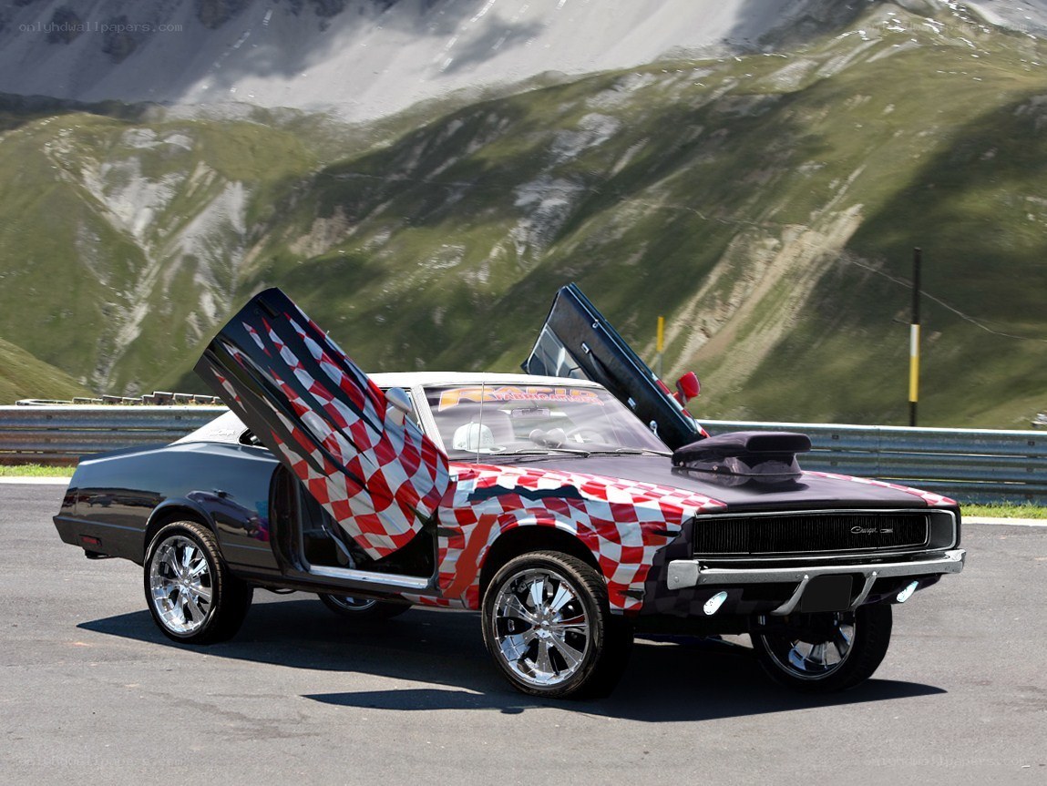 custom car with checkered doors
