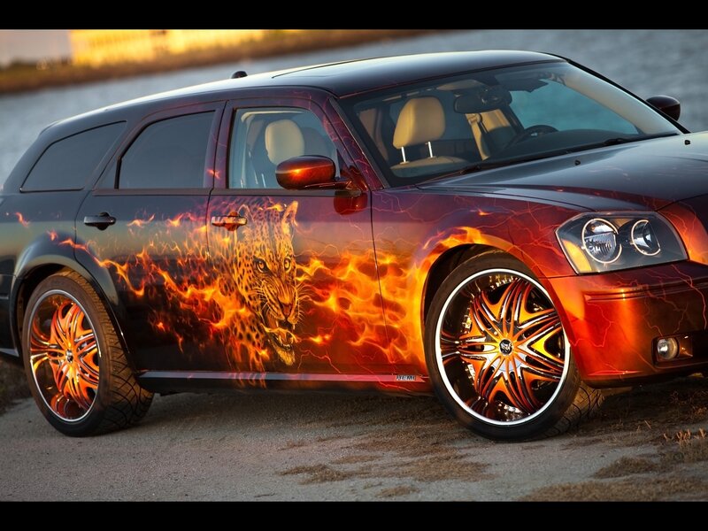 Custom car with leopard flame design