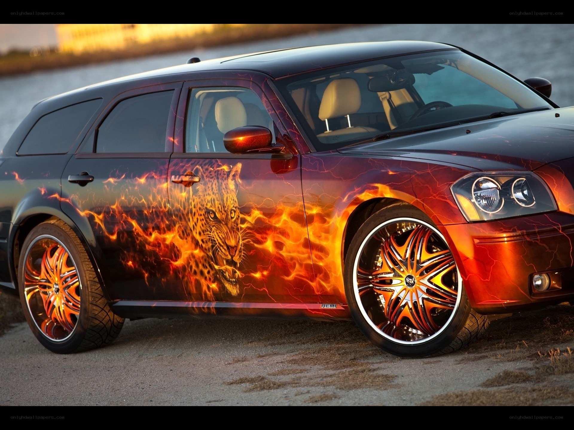 Custom car with leopard flame design