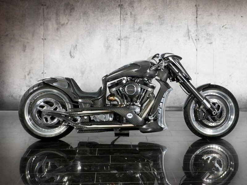 Custom Carbon-fiber Motorcycle — Black, Dramatic, Photograph, Concrete Wall, Reflective Floor, Engine