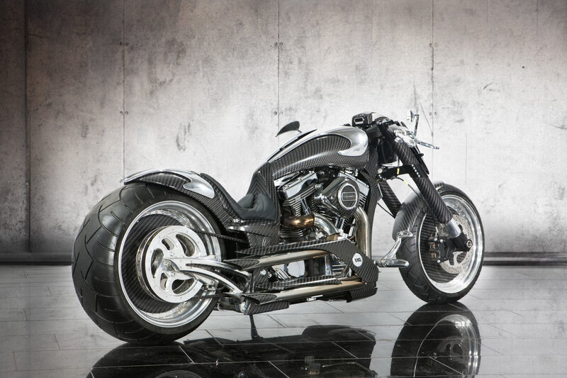Custom Carbon-fiber Motorcycle — Black, Dramatic, Photograph, Concrete Wall