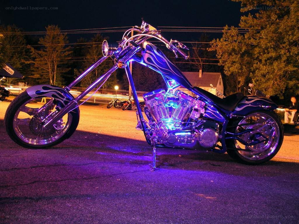Custom chopper motorcycle at night
