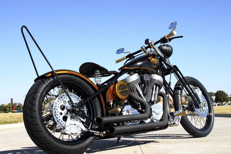 Custom Chopper Motorcycle — Black, Calm, Afternoon, Photograph, Disc Brakes