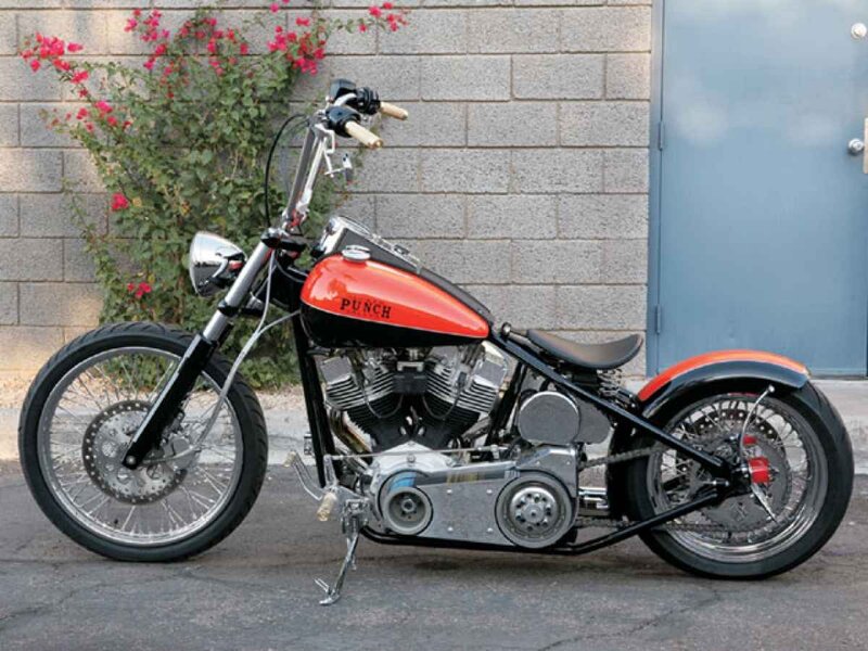 Custom Chopper Motorcycle — Black, Calm, Afternoon, Photograph, Flowering Bush